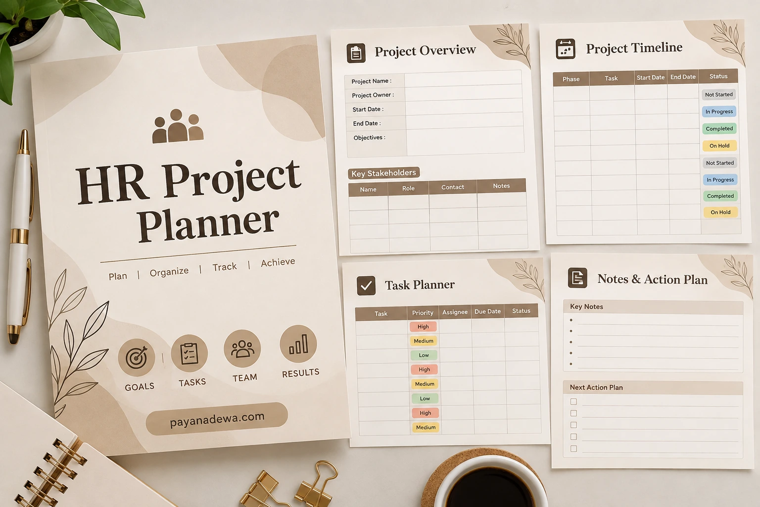 Beige HR Project Planner printable template for organizing HR projects and tasks