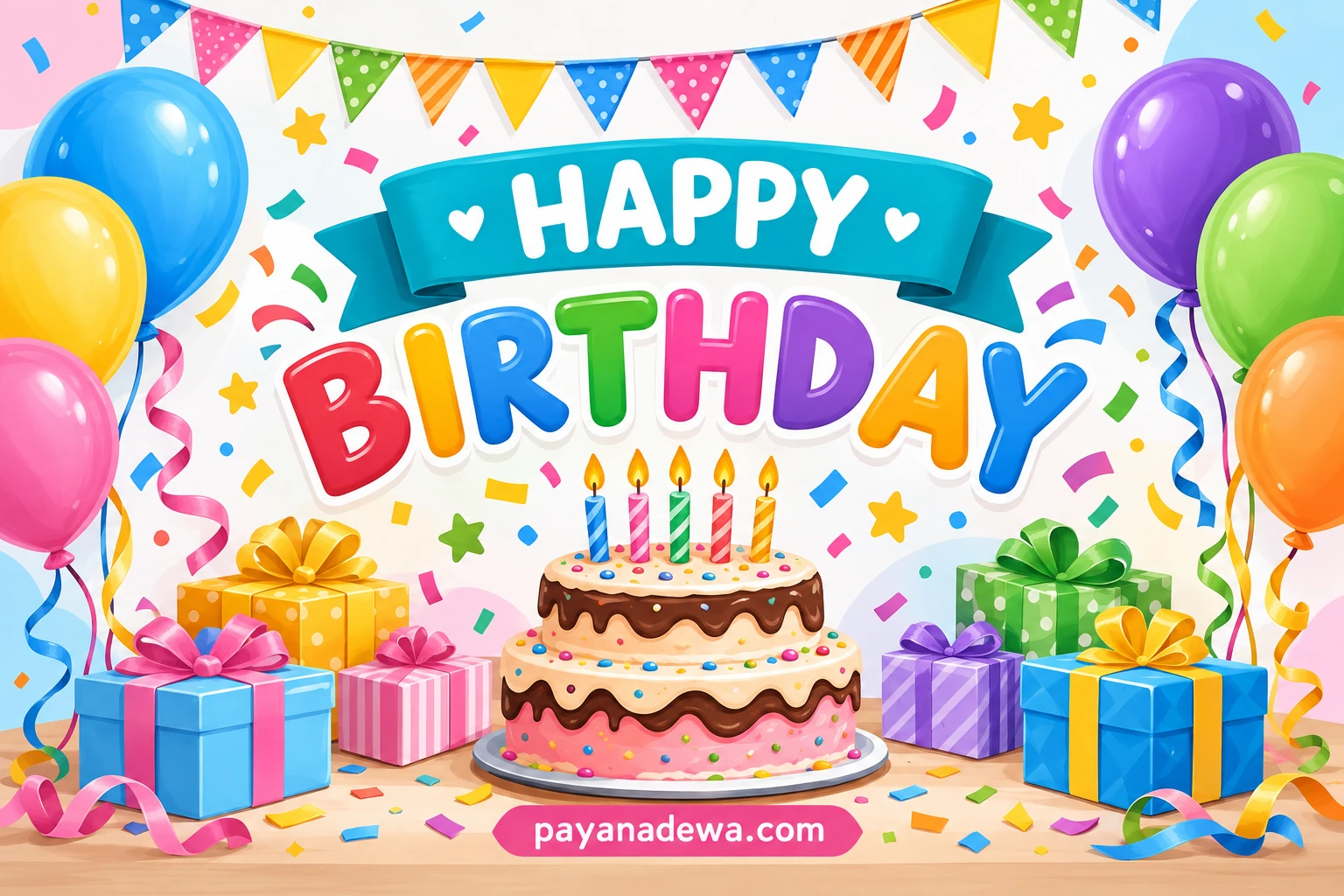 Colorful Birthday Banner Template with balloons, cake, presents, and confetti