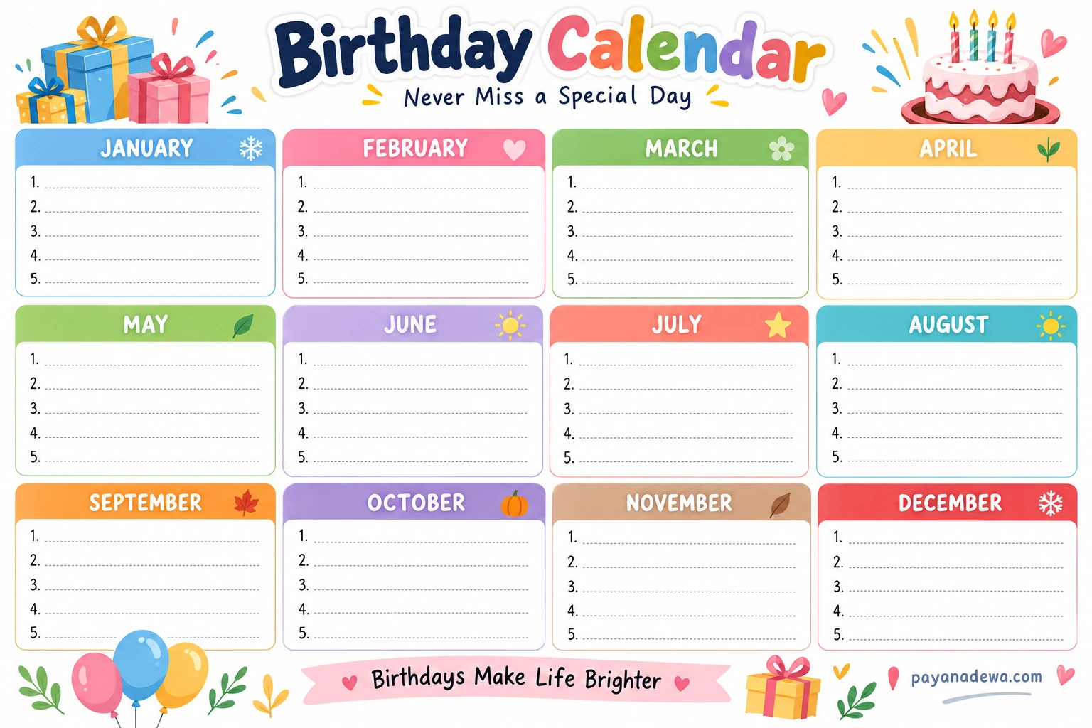 Printable Birthday Calendar Template with Monthly Birthday Planning Sections