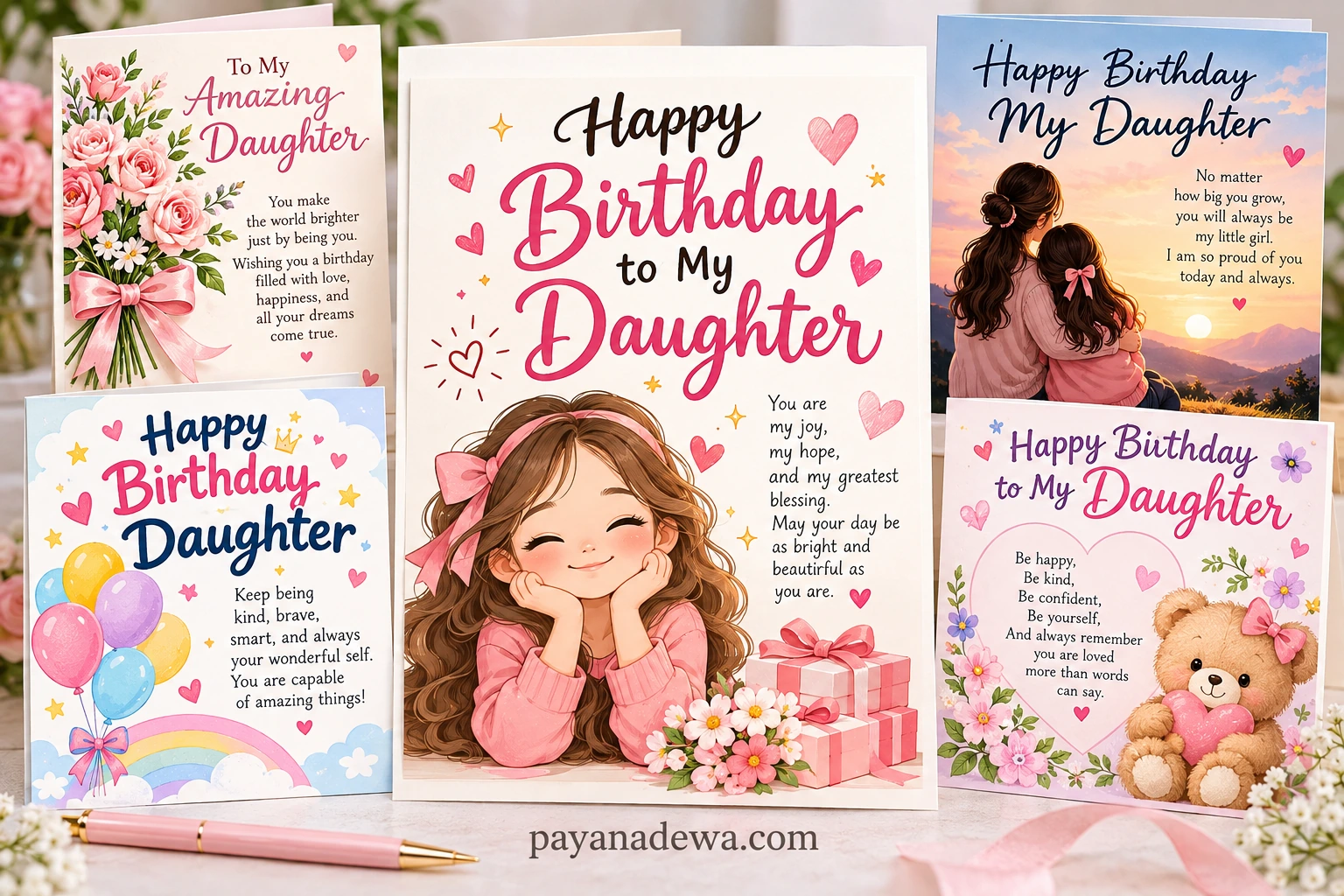 Birthday Card for Daughter printable template with floral, pastel, balloon, and daughter birthday designs