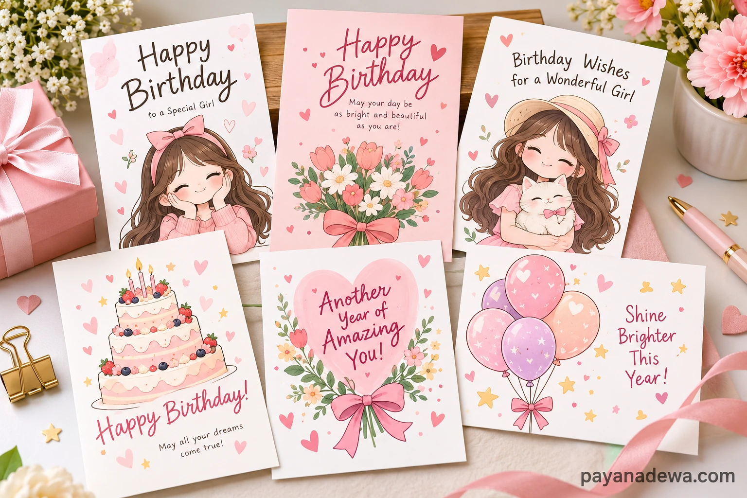 Cute Birthday Card for Girl printable template with pastel flowers, balloons, cake, hearts, and cheerful birthday designs