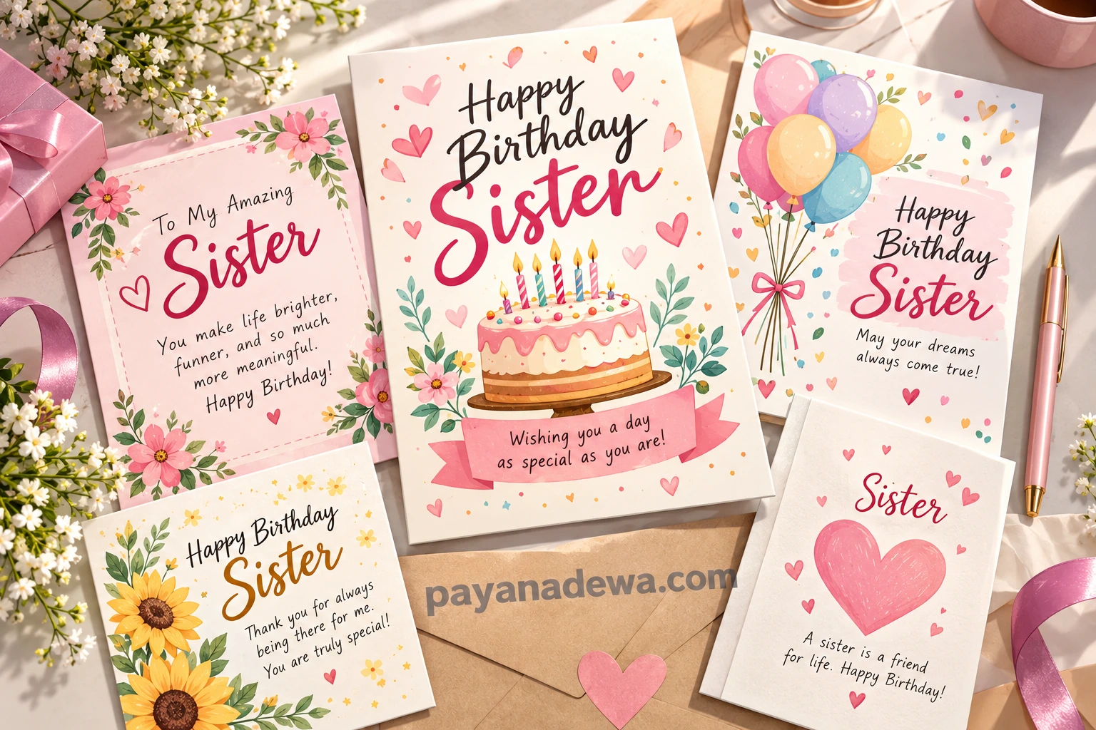 Birthday Card for Sister printable template with colorful floral, balloon, cake, and heart designs