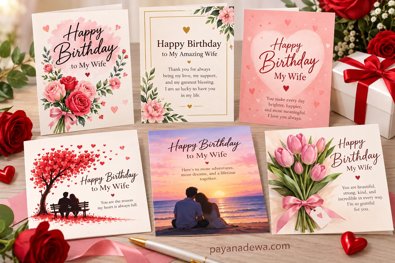 Birthday Card for Wife printable template with romantic floral and heart designs