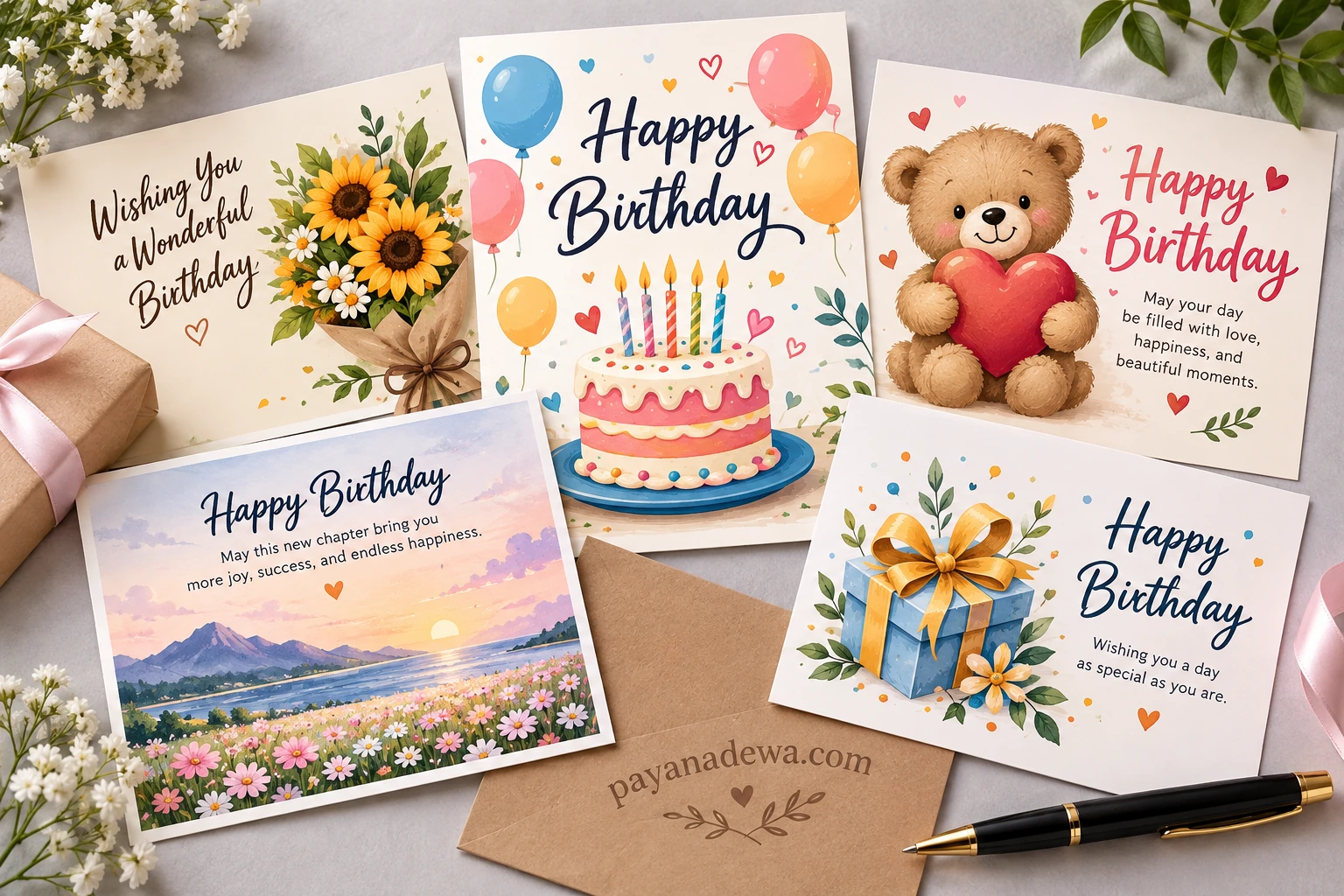 Birthday Postcard Template with colorful birthday cards, balloons, cake, flowers, and gifts