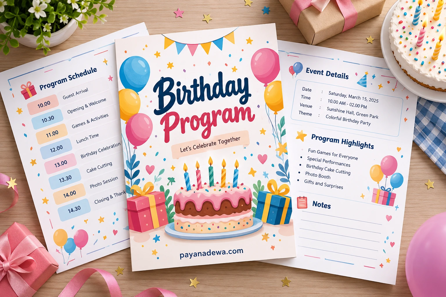 Birthday Program Template with colorful party schedule, event details, cake cutting, games, and celebration activities