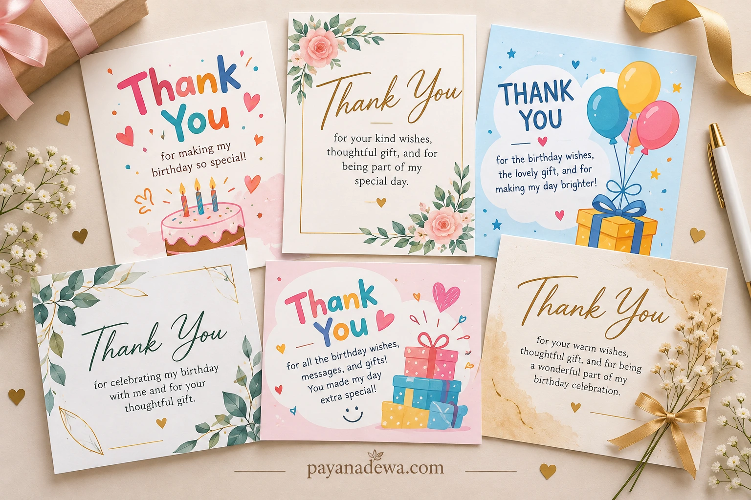 Birthday Thank You Card printable template designs with colorful birthday decorations