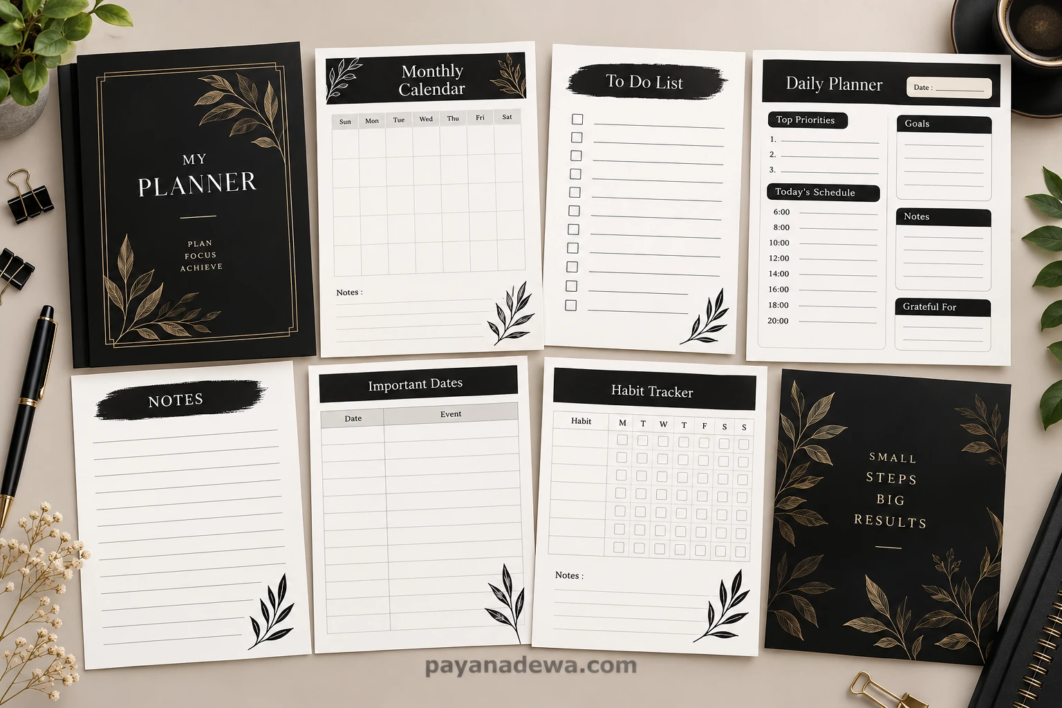 Black template printable planner with calendar, checklist, notes, and habit tracker