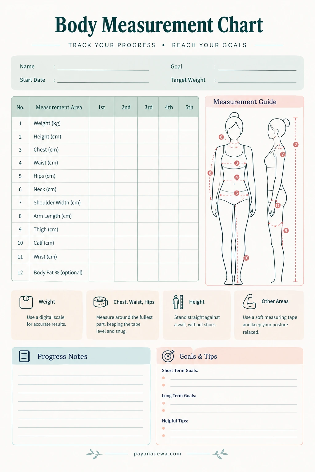 Printable body measurement chart with a measurement table, body measurement guide, progress notes, and goal-tracking sections.