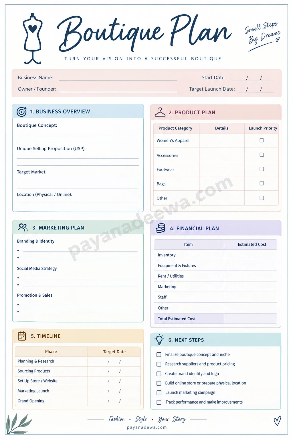Boutique Plan Printable Worksheet Printable boutique business plan template with sections for business overview, product planning, marketing, finances, timeline, and next steps