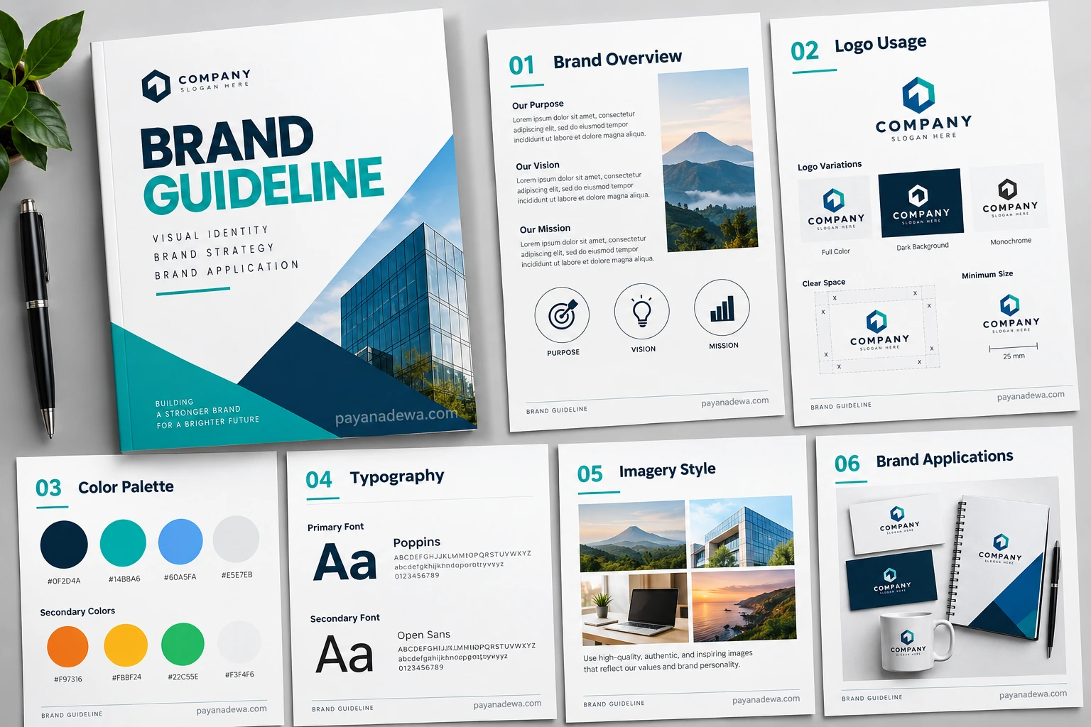 Brand Guideline Template showing logo usage, color palette, typography, imagery style, and brand applications