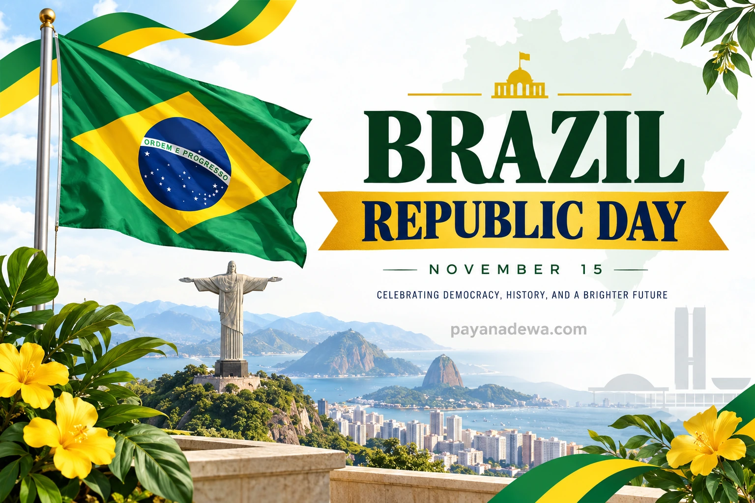 Brazil Republic Day Template Brazil Republic Day Template with Brazilian flag and Rio de Janeiro landmarks