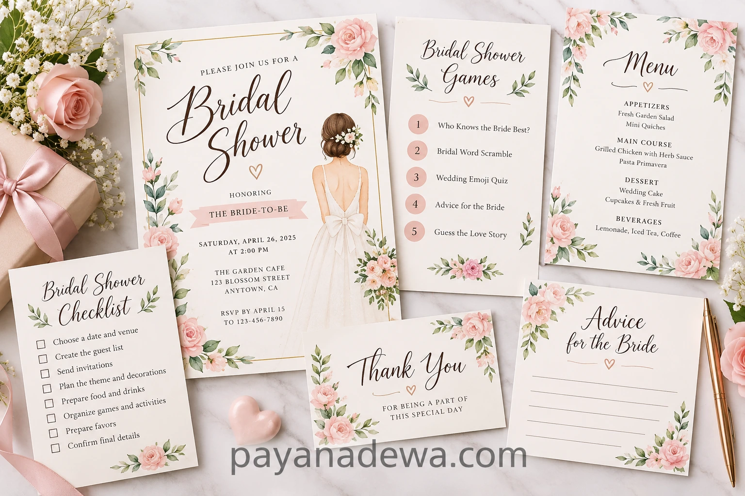 Bridal Shower Template Elegant printable Bridal Shower Template with invitation, games, menu, checklist, advice card, and thank-you card