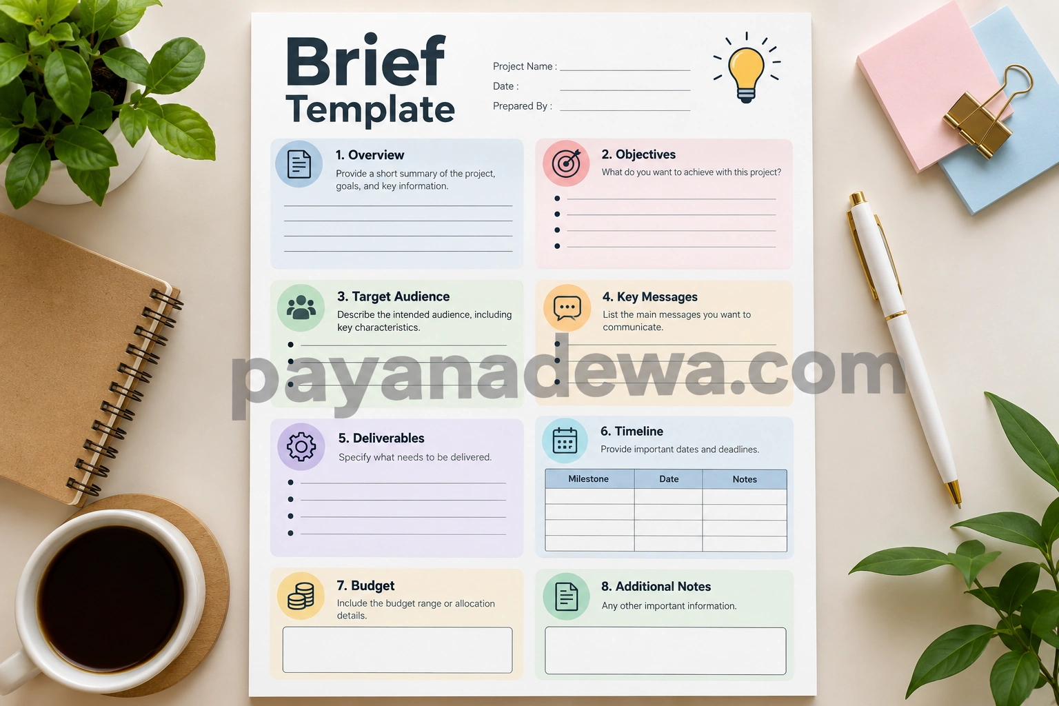 Brief Template Brief Template printable project planning document with objectives, audience, deliverables, timeline, and budget sections
