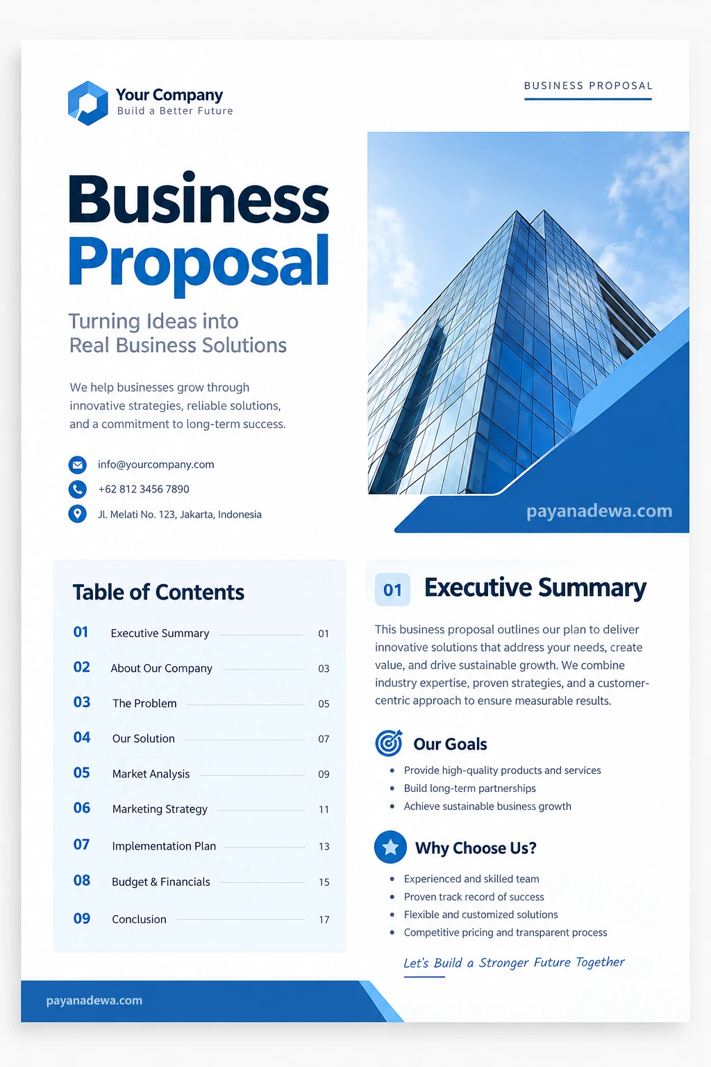 Professional business proposal template with a clean blue and white document layout
