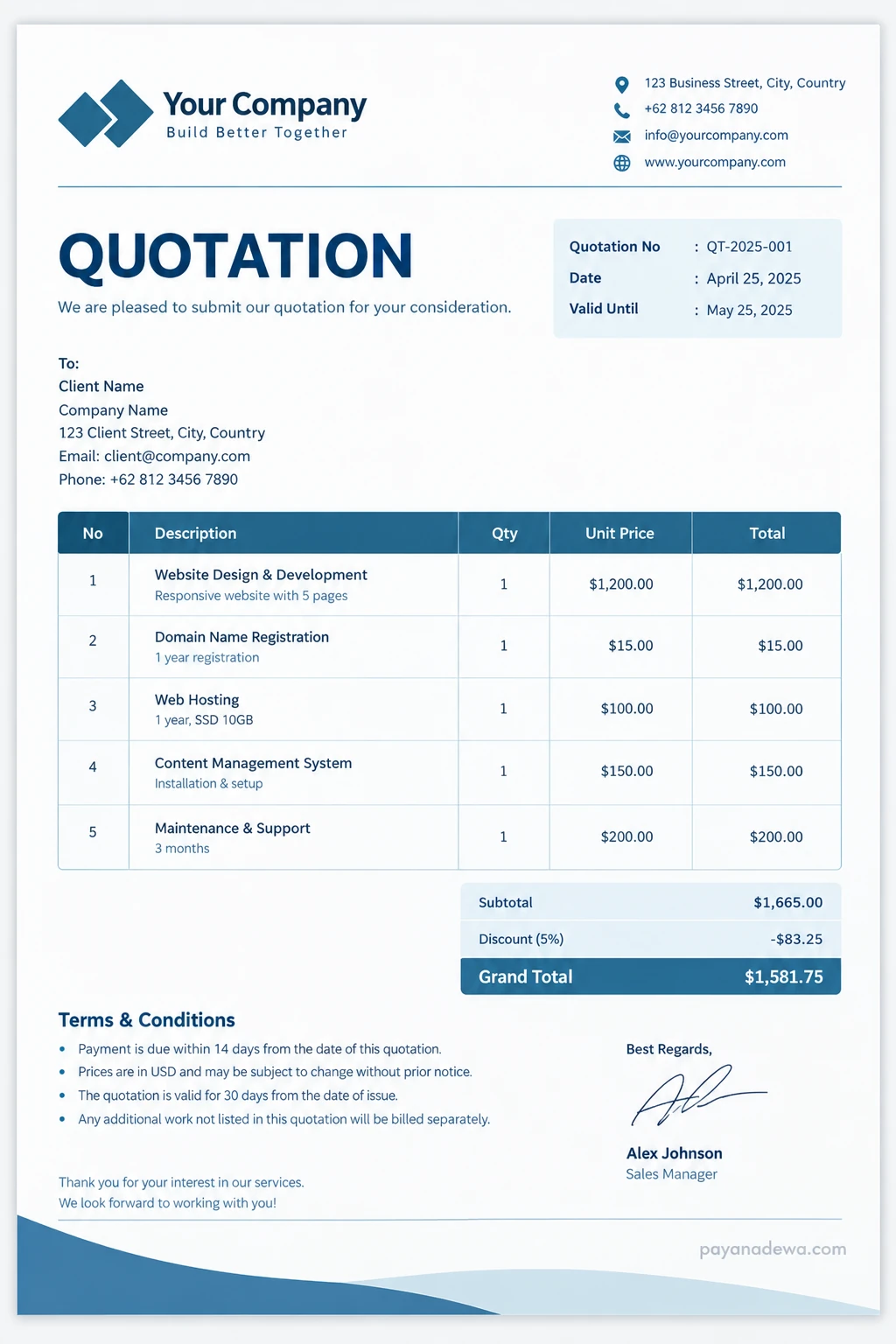 Professional business quotation template with company details, itemized pricing, subtotal, discount, total cost, and payment terms.
