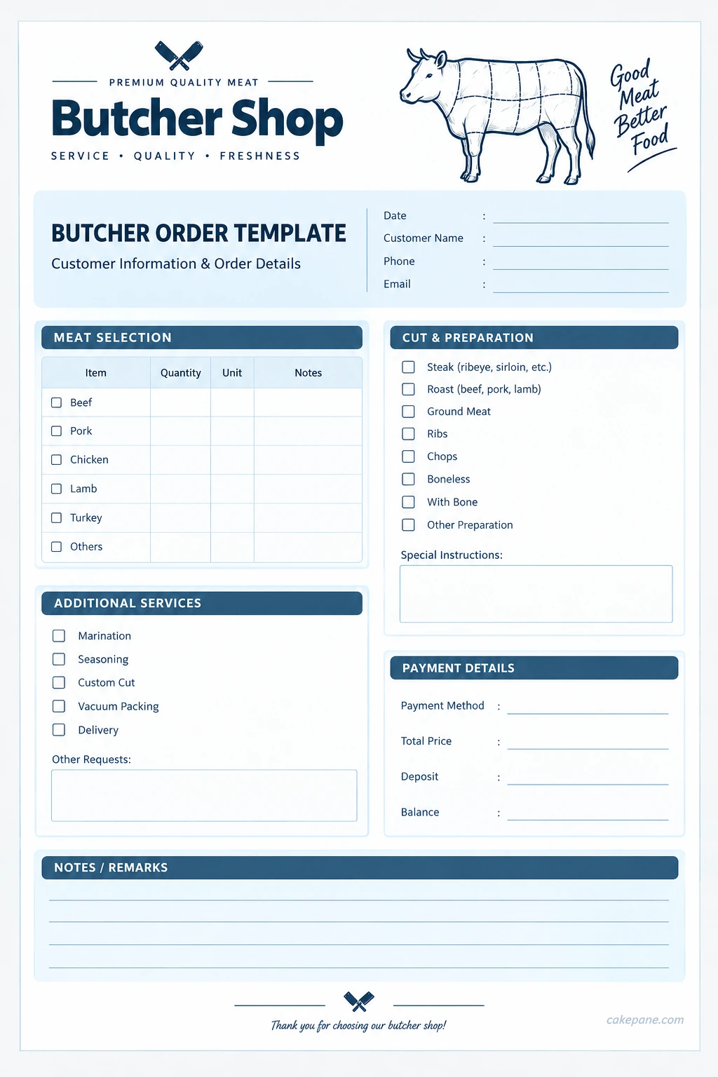 Butcher Template Printable butcher shop order template with meat selection, cutting instructions, customer details, and payment fields