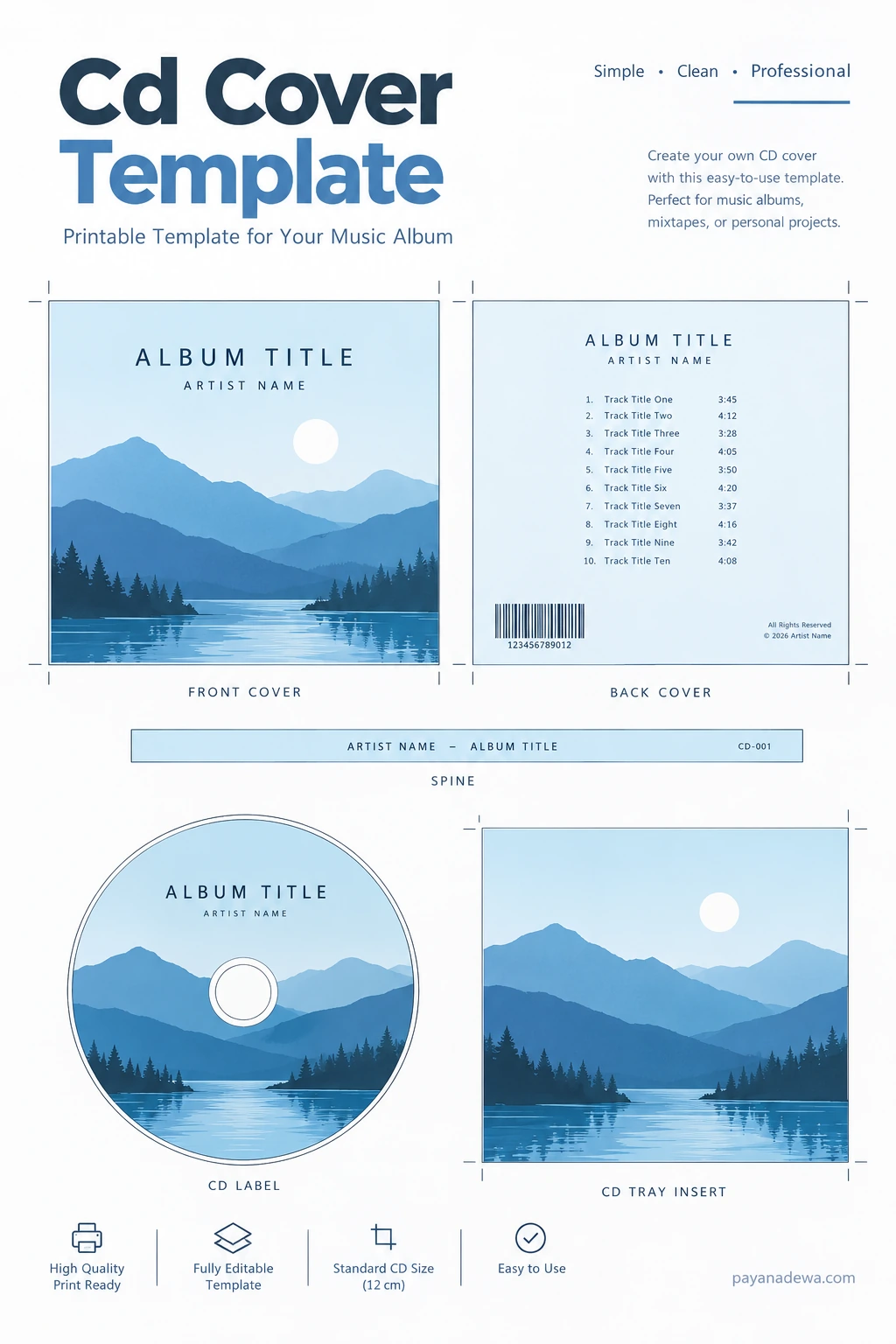 CD Cover Template Printable CD cover template showing front and back covers, spine, CD label, and tray insert in a clean blue-and-white layout.