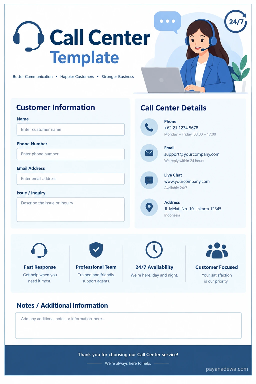 Call Center Template Call Center Template for Customer Service and Contact Information