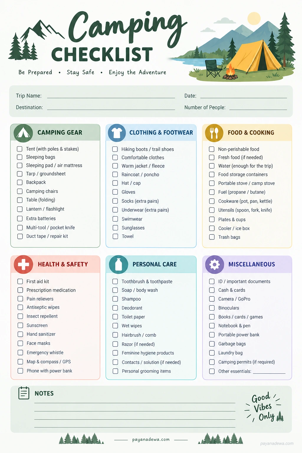 Printable camping checklist template with camping gear, clothing, food and cooking, health and safety, personal care, and miscellaneous essentials.