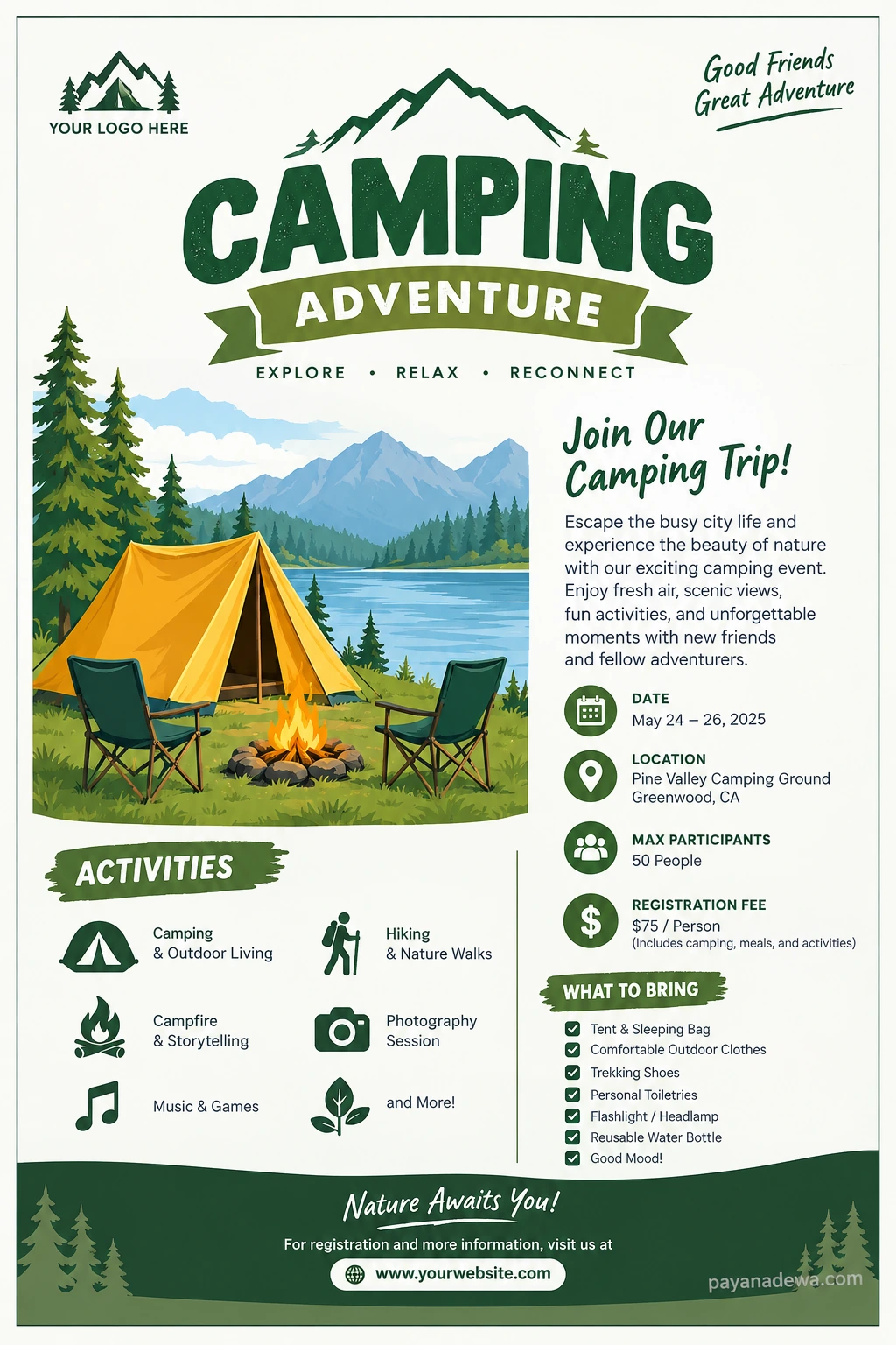 Camping Flyer Template Camping flyer template with green nature-inspired design, mountain scenery, yellow tent, event details, activities, and packing checklist.