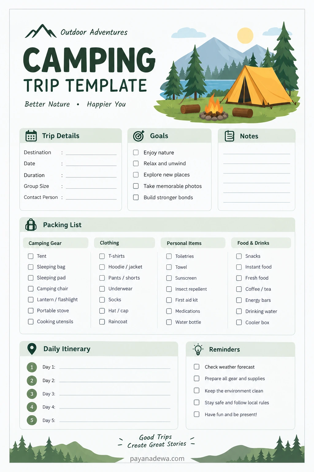 Camping Trip Template Camping trip planning template with a packing checklist, trip details, daily itinerary, and outdoor safety reminders
