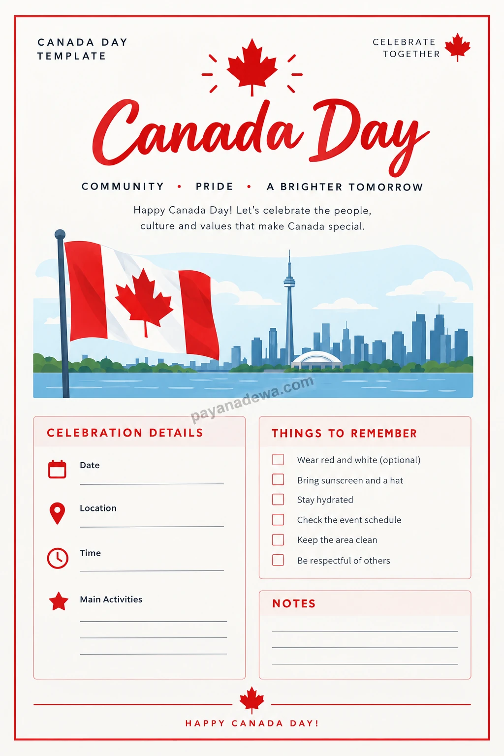 Canada Day printable celebration template with a Canadian flag, red and white decorations, event details, checklist, and notes sections.