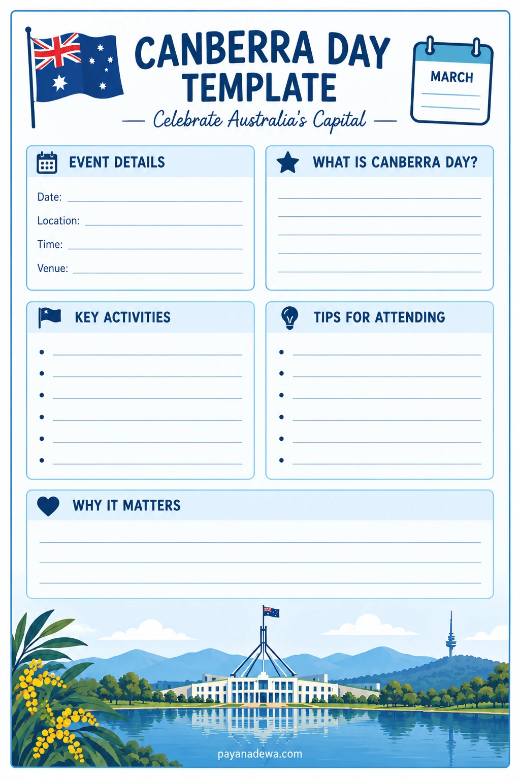 Printable Canberra Day template with event details, activity notes, attendance tips, and an illustrated view of Parliament House.