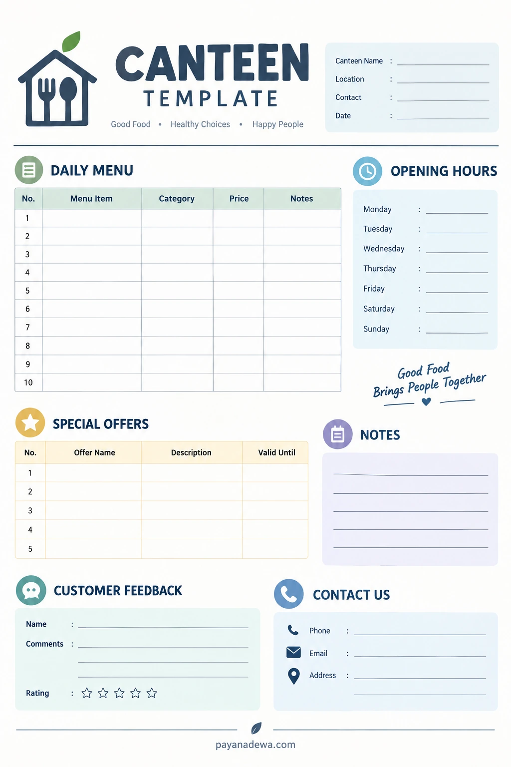 Canteen Template Printable canteen template with a daily menu table, opening hours, special offers, customer feedback, notes, and contact details.