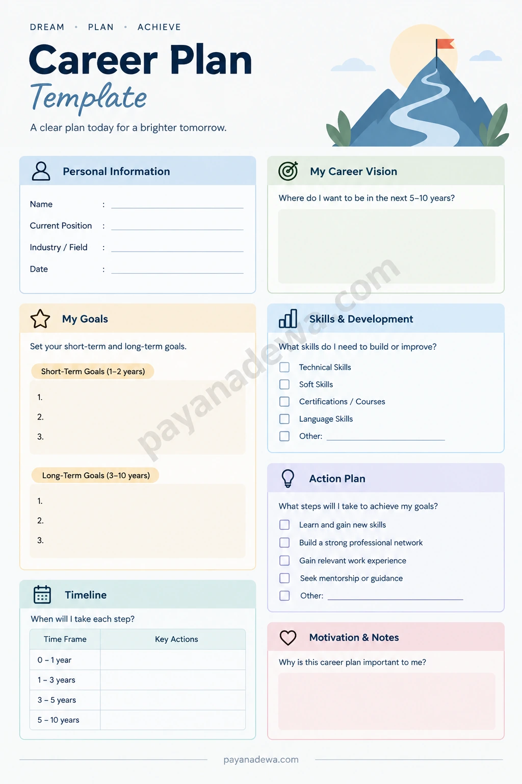 Printable Career Plan Template with career goals, skills development, action steps, timeline, and professional vision sections.