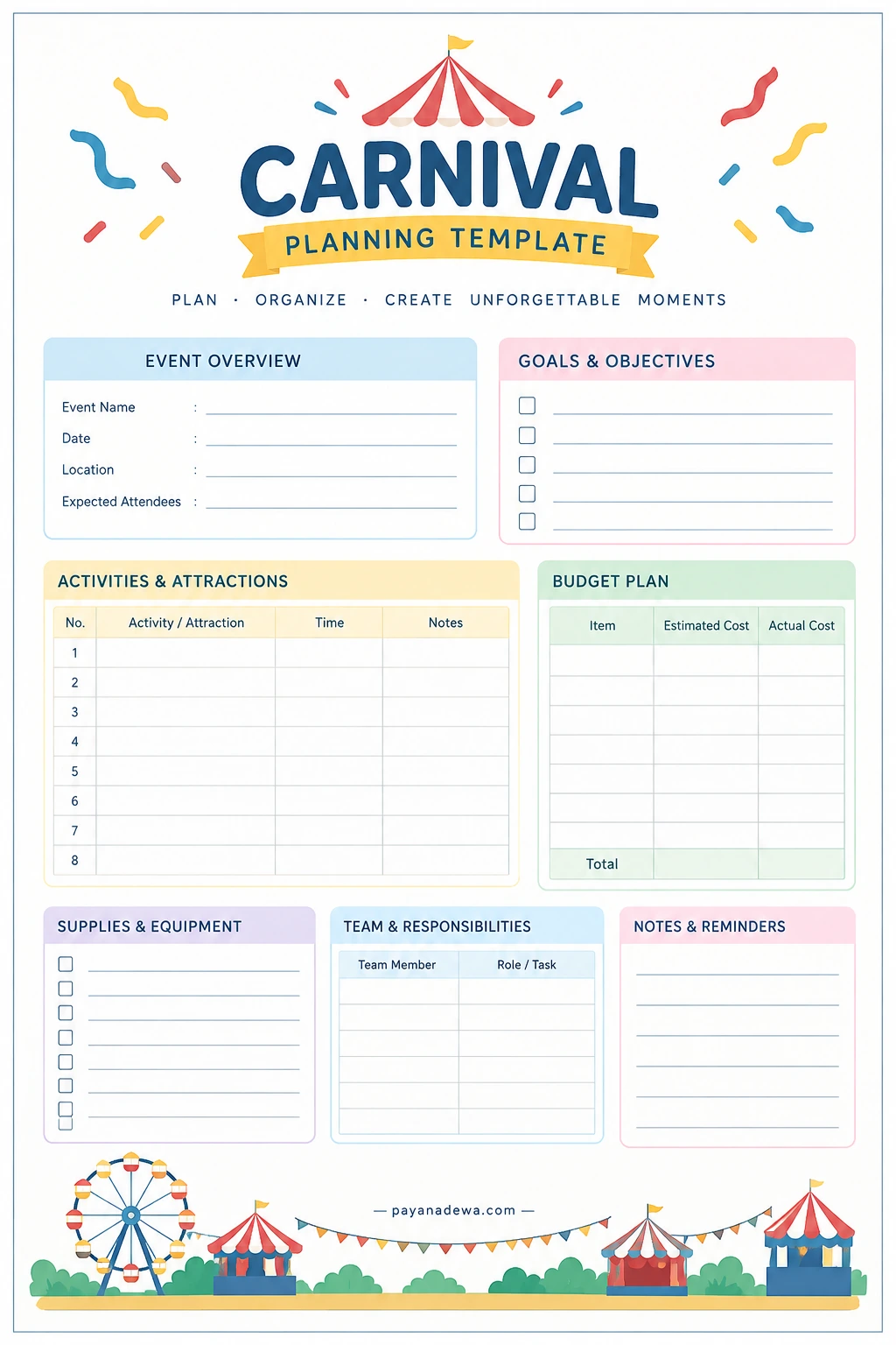 Carnival Template Printable carnival planning template with event overview, activity schedule, budget table, supplies checklist, team responsibilities, and notes sections.