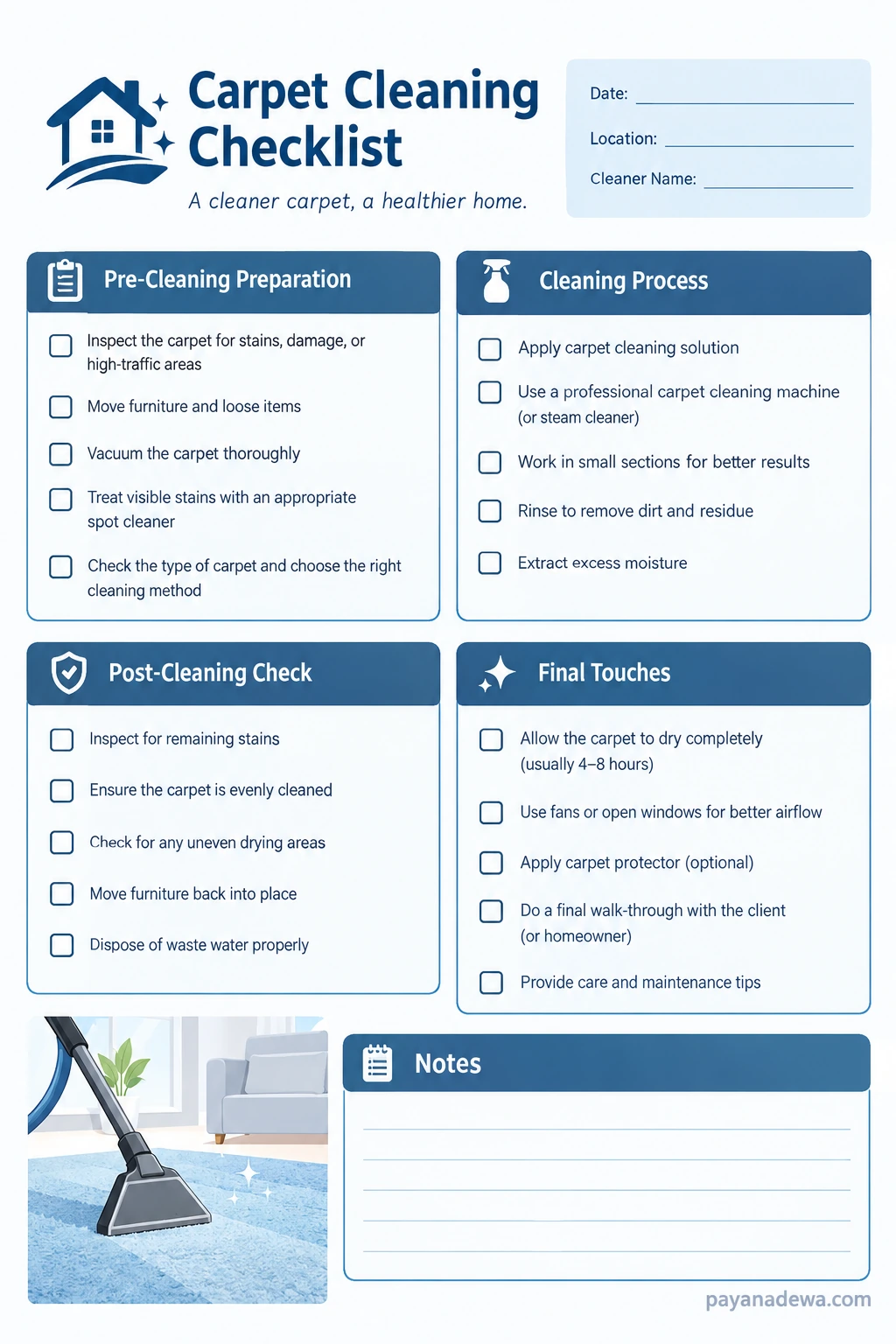 Carpet Cleaning Template Printable carpet cleaning checklist template with preparation, cleaning process, post-cleaning checks, and drying steps