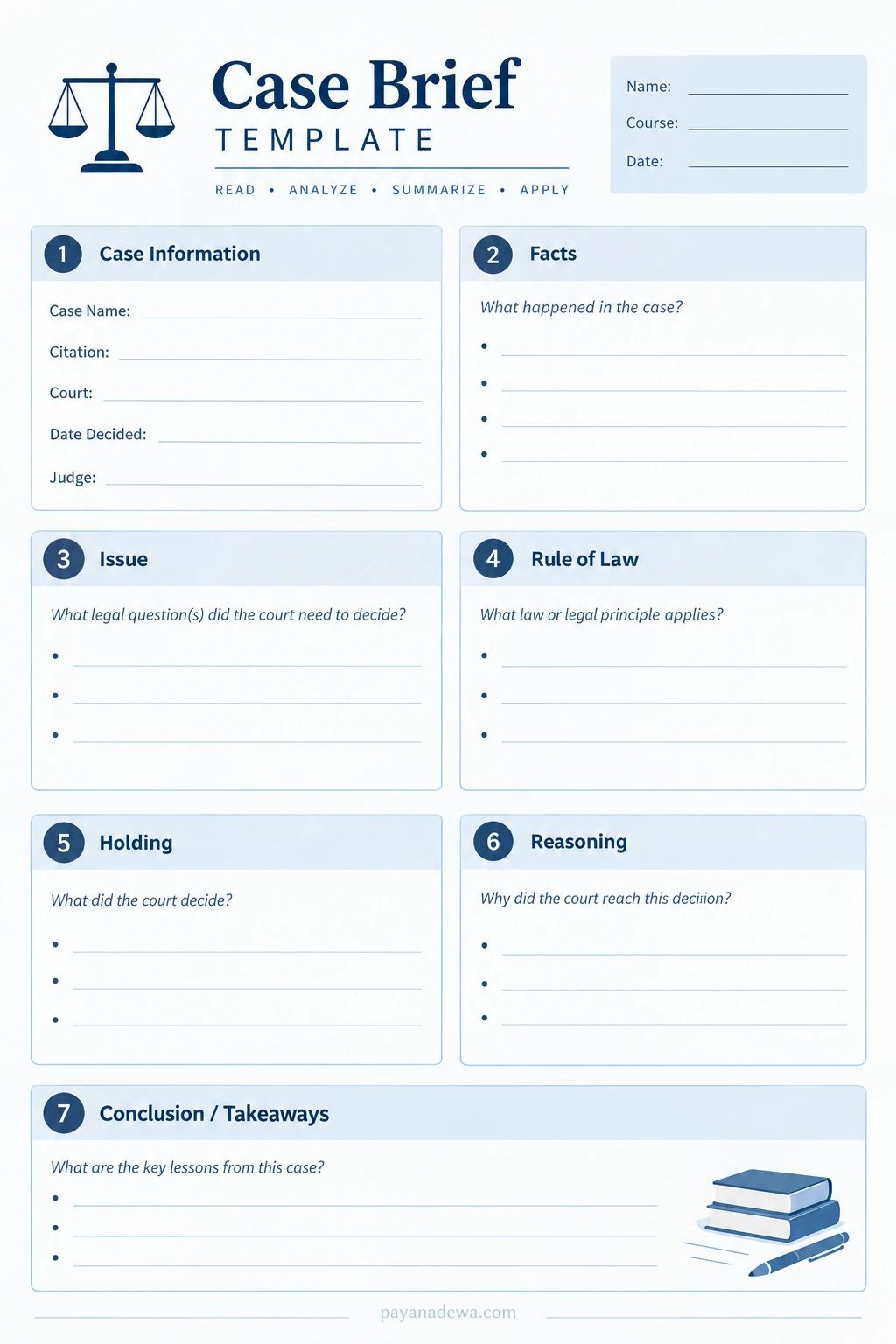 Case Brief Template Printable case brief template for law students with sections for case information, facts, legal issues, rule of law, holding, reasoning, and conclusions.