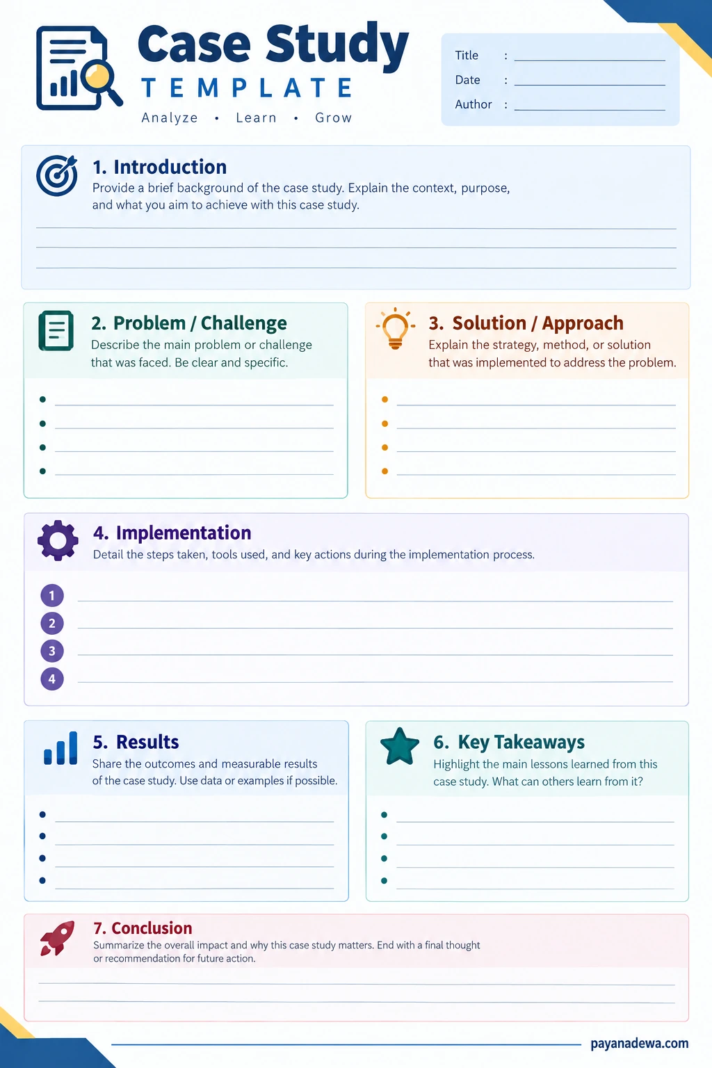 Case Study Template Case Study Template printable worksheet with introduction, problem, solution, implementation, results, key takeaways, and conclusion sections.