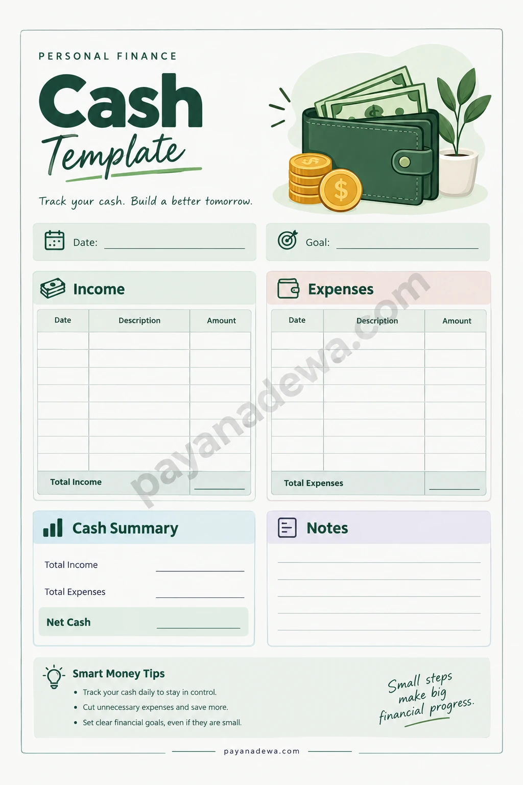 Cash Template Printable cash template for tracking income, expenses, savings goals, and net cash balance