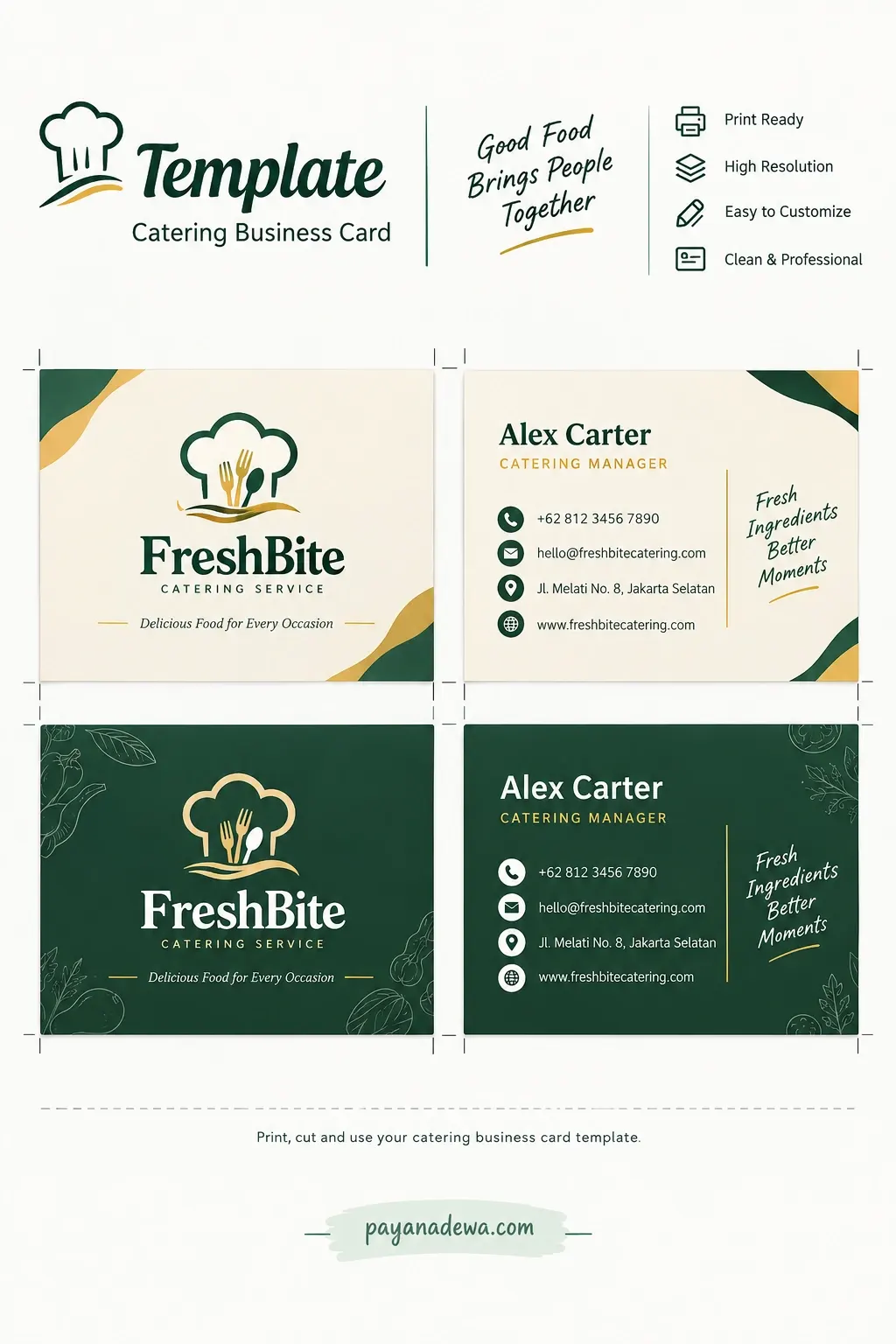 Catering Business Card Template Printable catering business card template with elegant green and cream designs