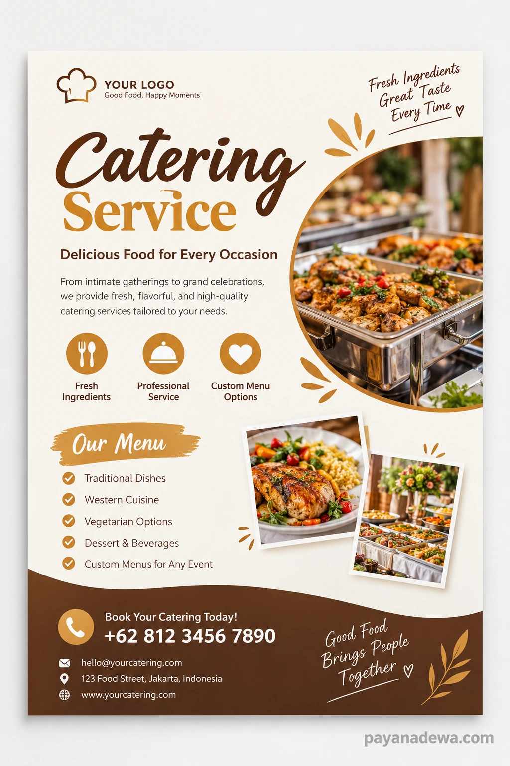 Catering Flyer Template Printable catering flyer template featuring catering services, menu highlights, food photography, and booking contact details