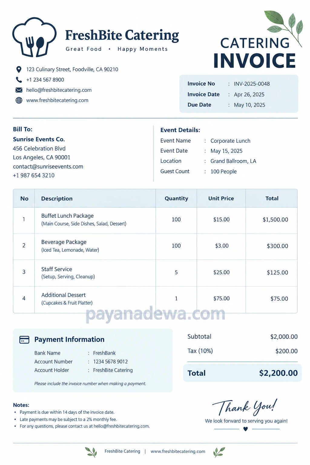 Catering Invoice Template Catering invoice template with itemized food services, event details, payment information, and total charges.