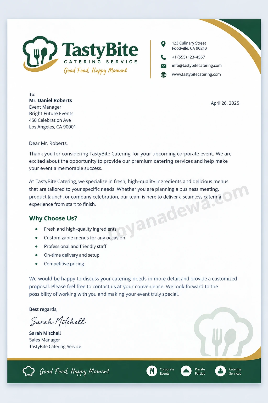 Catering Letterhead Template Professional catering letterhead template with green and gold accents, chef logo, company contact details, and a clean printable layout.