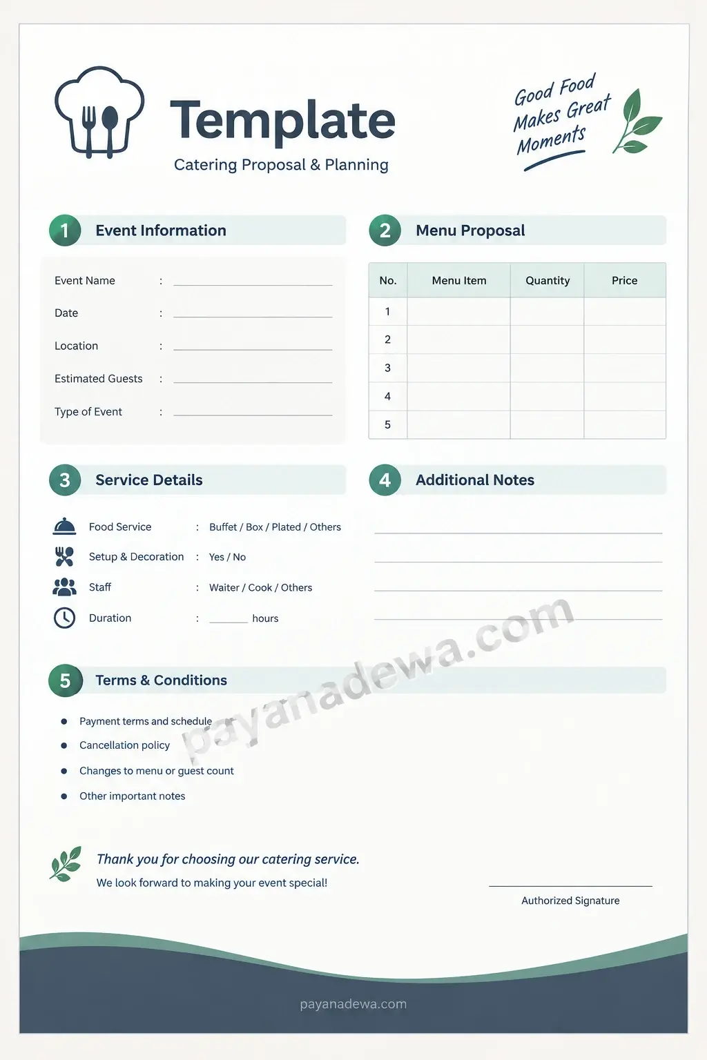 Catering Template Printable catering template for event details, menu planning, service requirements, additional notes, and catering terms.