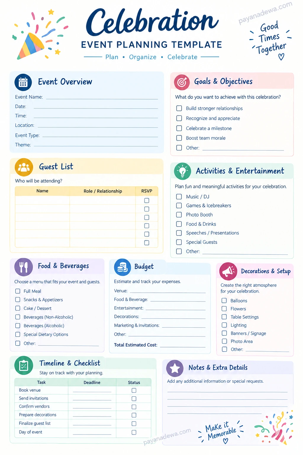 Celebration Template Celebration planning template with an event overview, guest list, budget tracker, decorations checklist, activities, and event timeline.