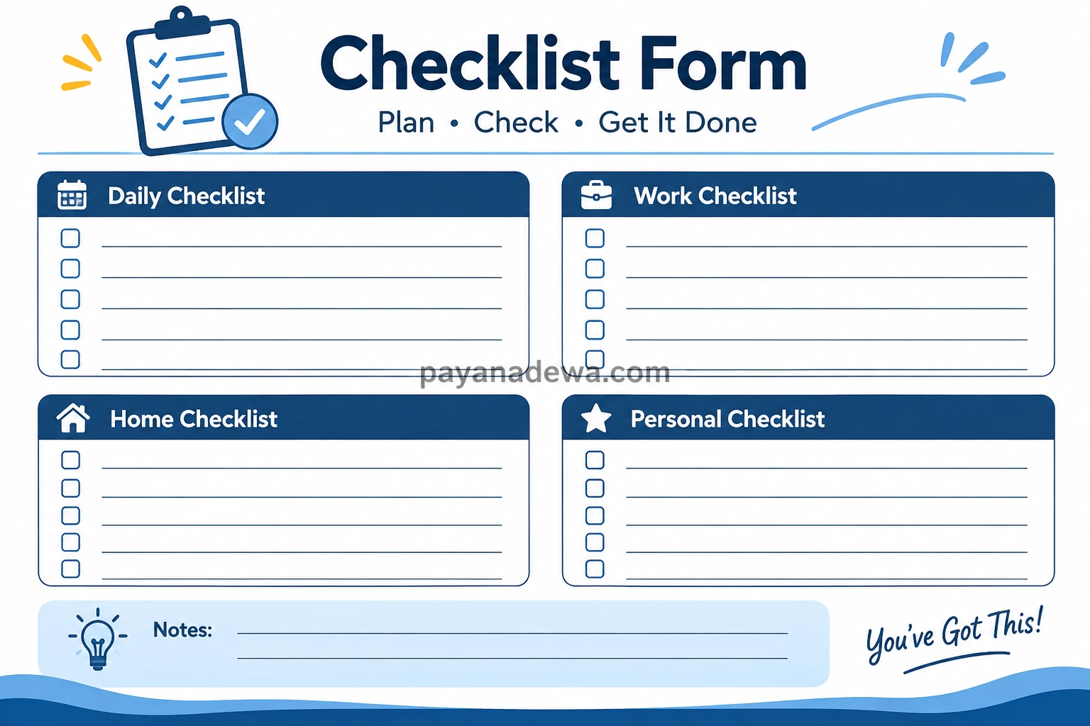 Checklist Form Template Printable Checklist Form Template with Daily, Work, Home, and Personal Checklist Sections.