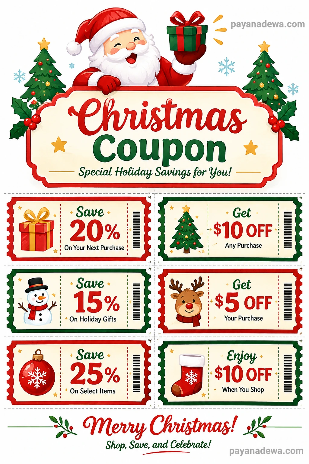 Christmas coupon template with Santa Claus, six printable holiday discount vouchers, festive Christmas decorations, and red and green coupon designs.