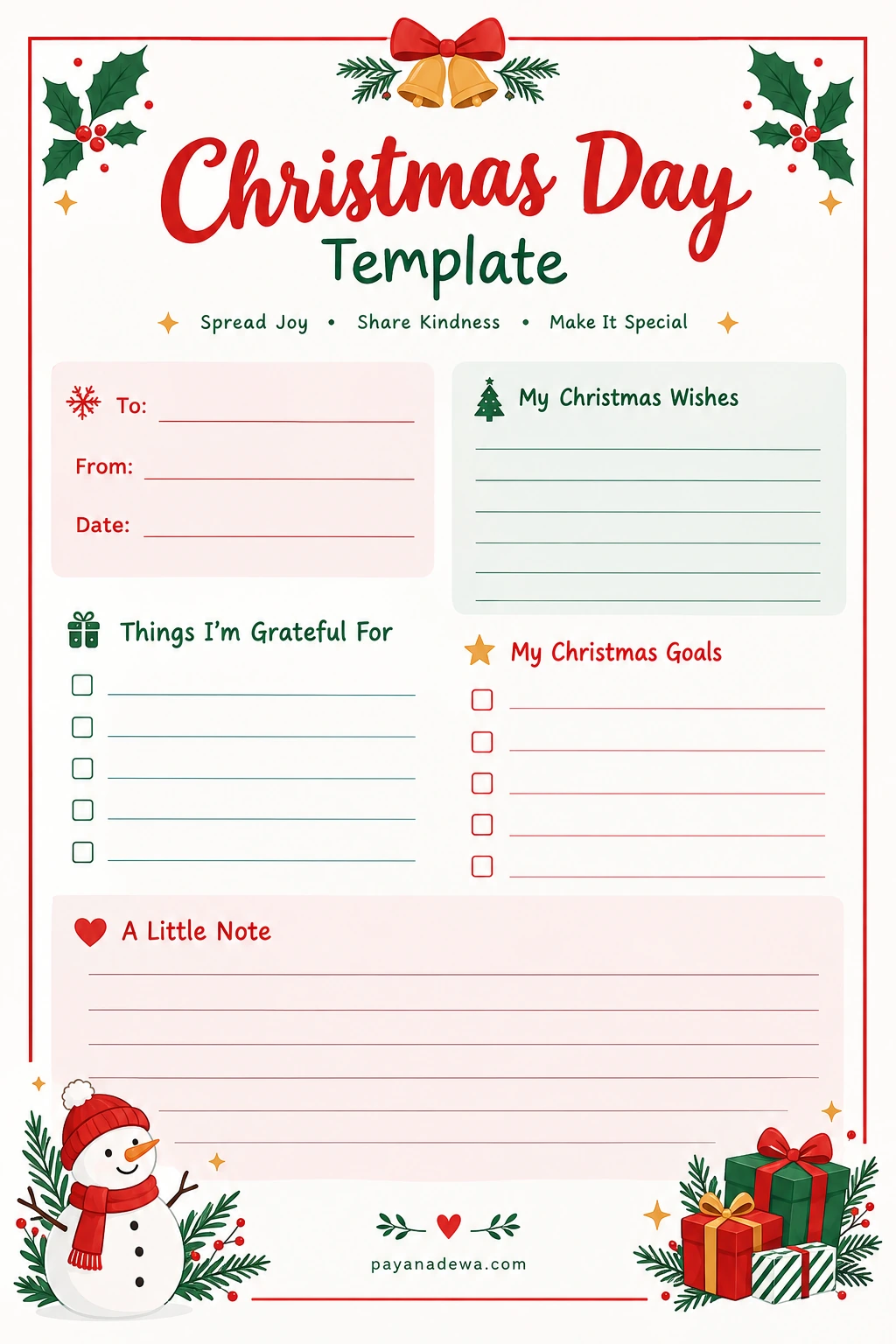 Christmas Day printable template with festive decorations, holiday wishes, gratitude checklist, Christmas goals, and a writing section, featuring the payanadewa.com watermark.