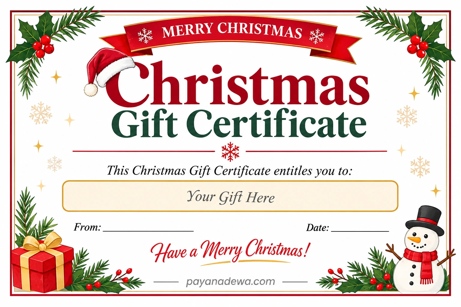 Free printable Christmas Gift Certificate template with red and green holiday decorations, gold borders, and a customizable gift section.