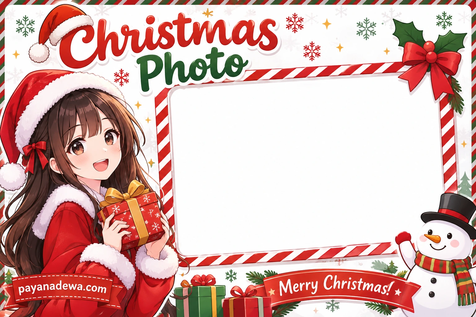 Christmas Photo Template Christmas photo template with a festive red and green border, anime Christmas girl, snowman, gift boxes, and a blank photo frame.