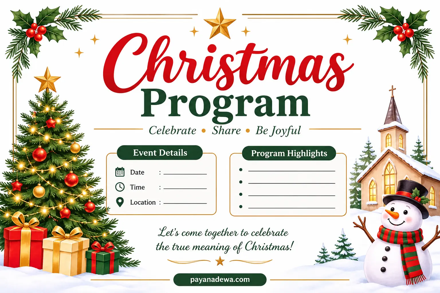 Printable Christmas Program Template with festive decorations, event details, and program highlights.