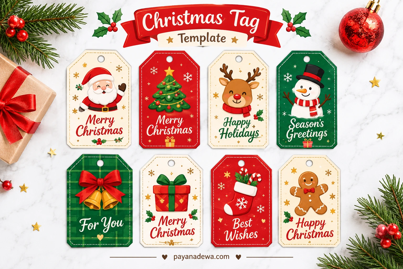 Christmas tag template with printable Santa, Christmas tree, reindeer, snowman, gift, stocking, bells, and gingerbread designs.