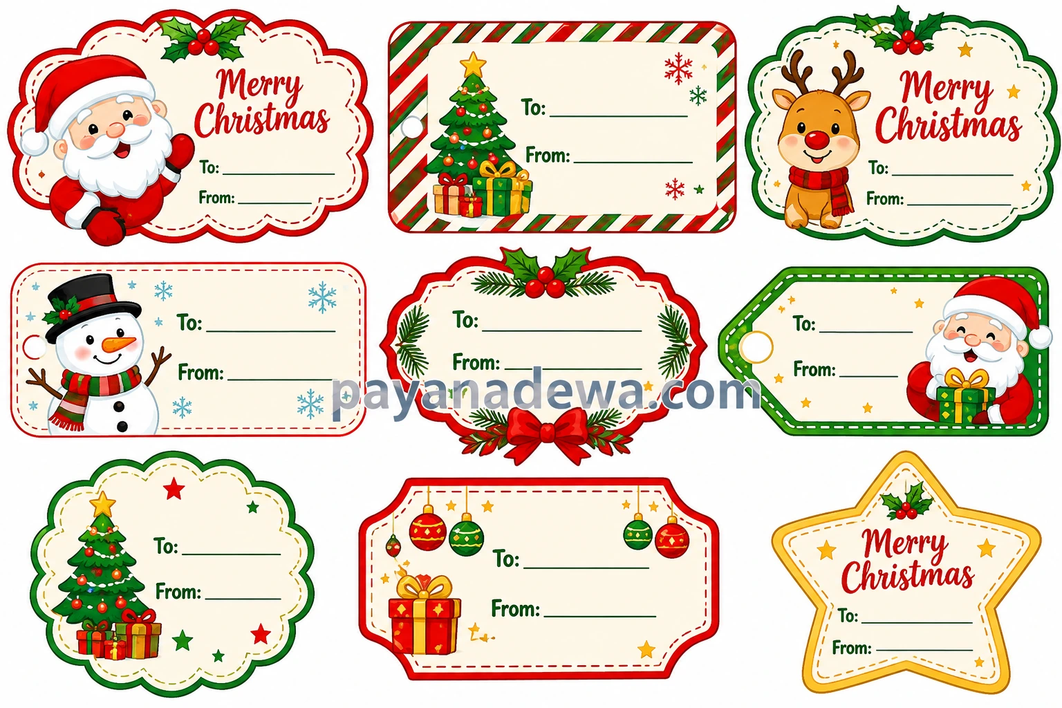 Printable Christmas label templates featuring Santa Claus, reindeer, snowman, Christmas trees, and festive gift tags.