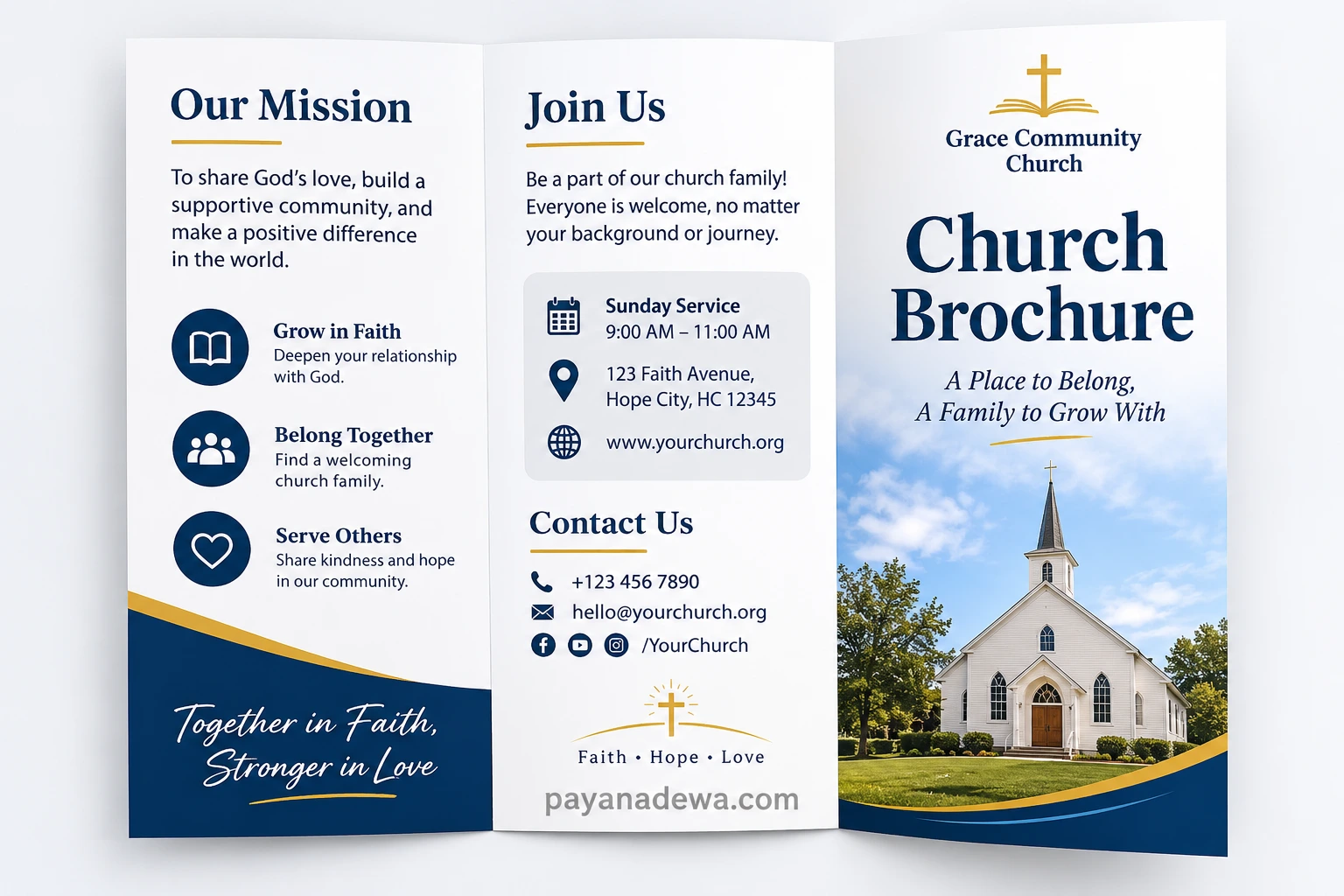 Modern church brochure template featuring a tri-fold layout with church mission, worship service schedule, contact information, and welcoming design.