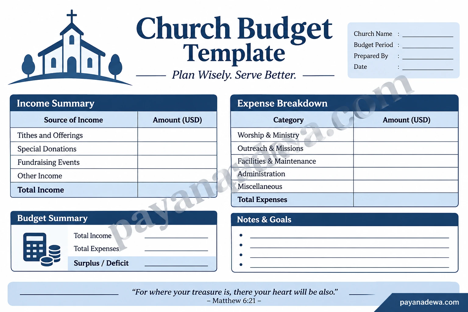 Printable Church Budget Template for tracking church income, expenses, ministry costs, and annual financial planning.